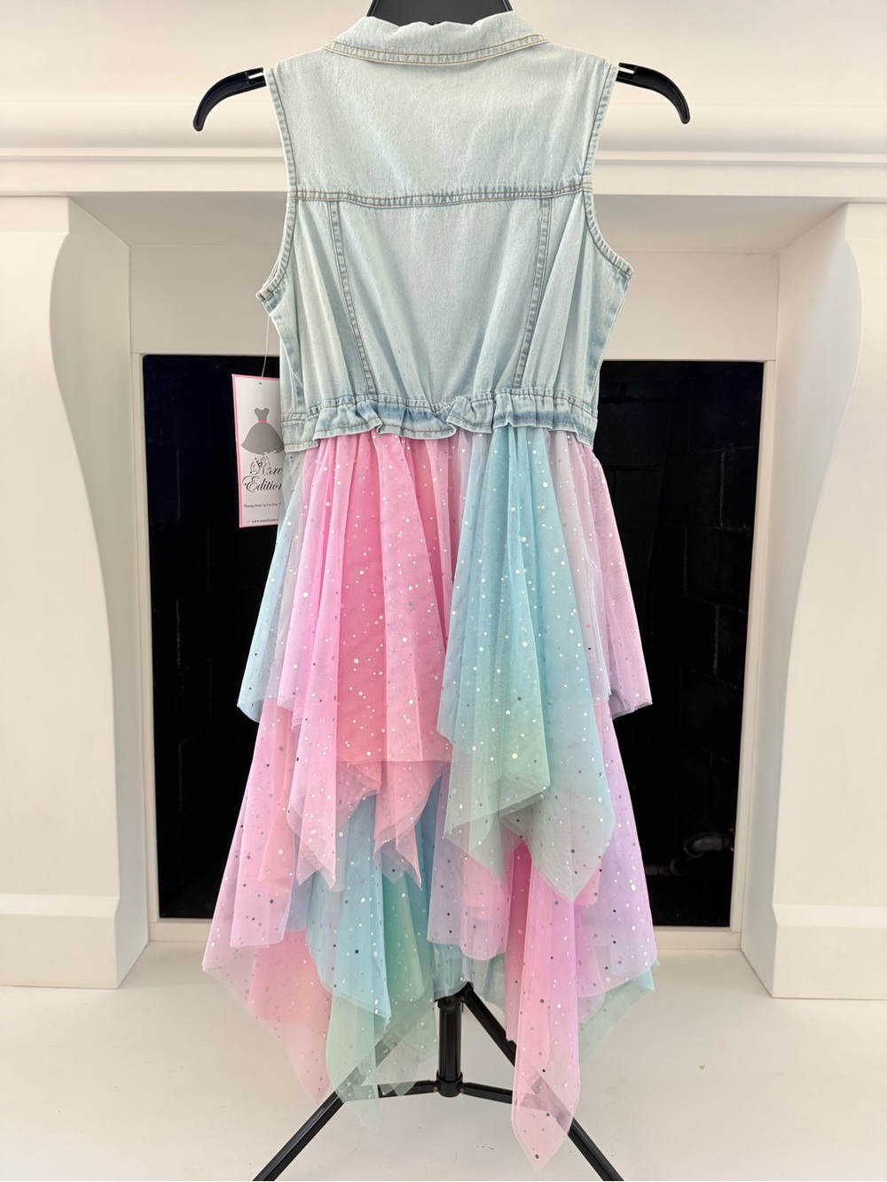 Rare Editions Light Denim Vest Dress with Pastel Pink, Blue, Green Skirt - Picture 2 of 2
